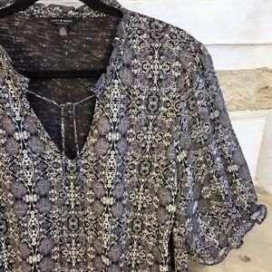 Lucky Brand Black and White Short Puff Sleeve Blouse‎ Boho Women's L